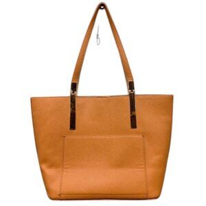 Miztique Tote Bag Brown Faux Leather Gold‎ Handle Accent Structured Shoulder